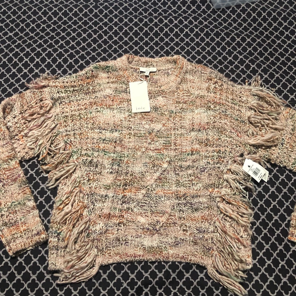 Joie Meghan Wool Blend Fringe Tan Blush Pink Rose Sweater Sz Medium L21 - Picture 8 of 12